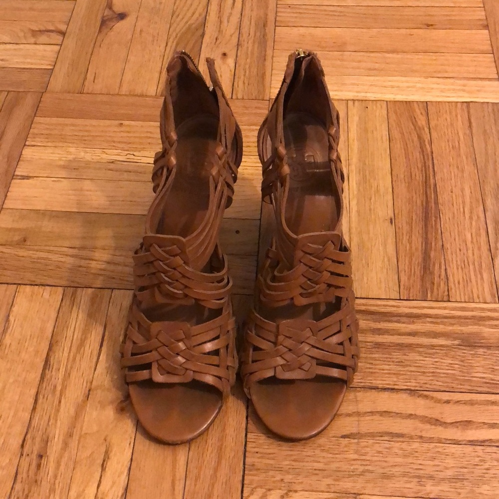 Tory Burch Tan Woven Leather Wedge Sandals